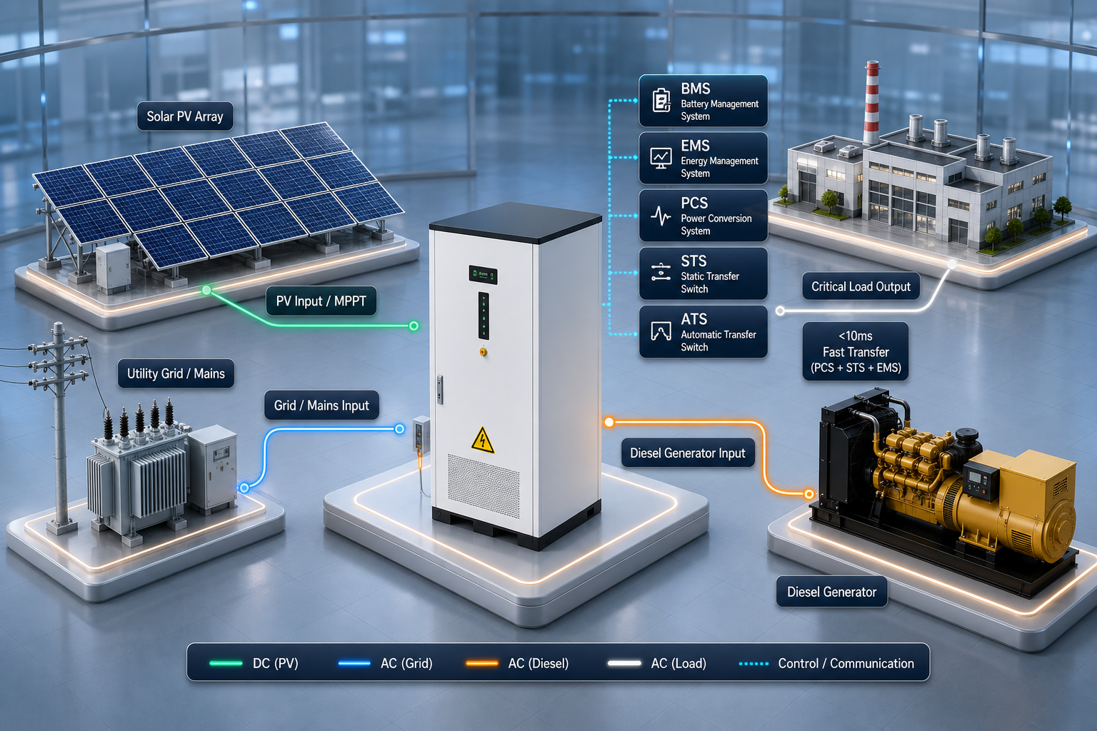 PV, grid, diesel generator and battery hybrid operation