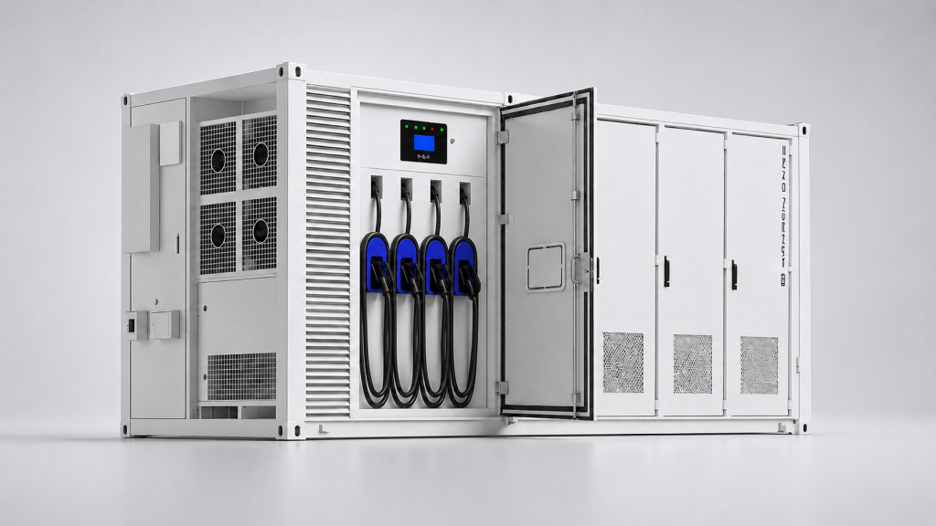 AINEGY 480 kW four-gun EV fast charging hybrid BESS container