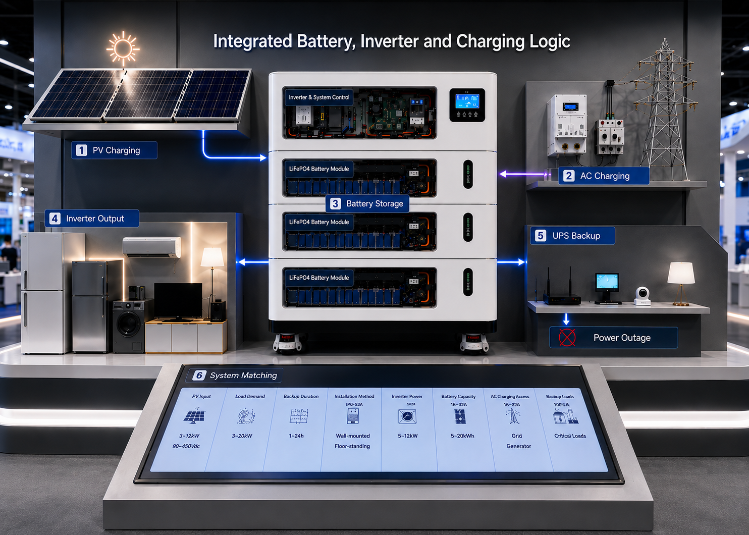 All-in-one ESS system logic with PV charging AC charging battery storage inverter output UPS backup and home loads