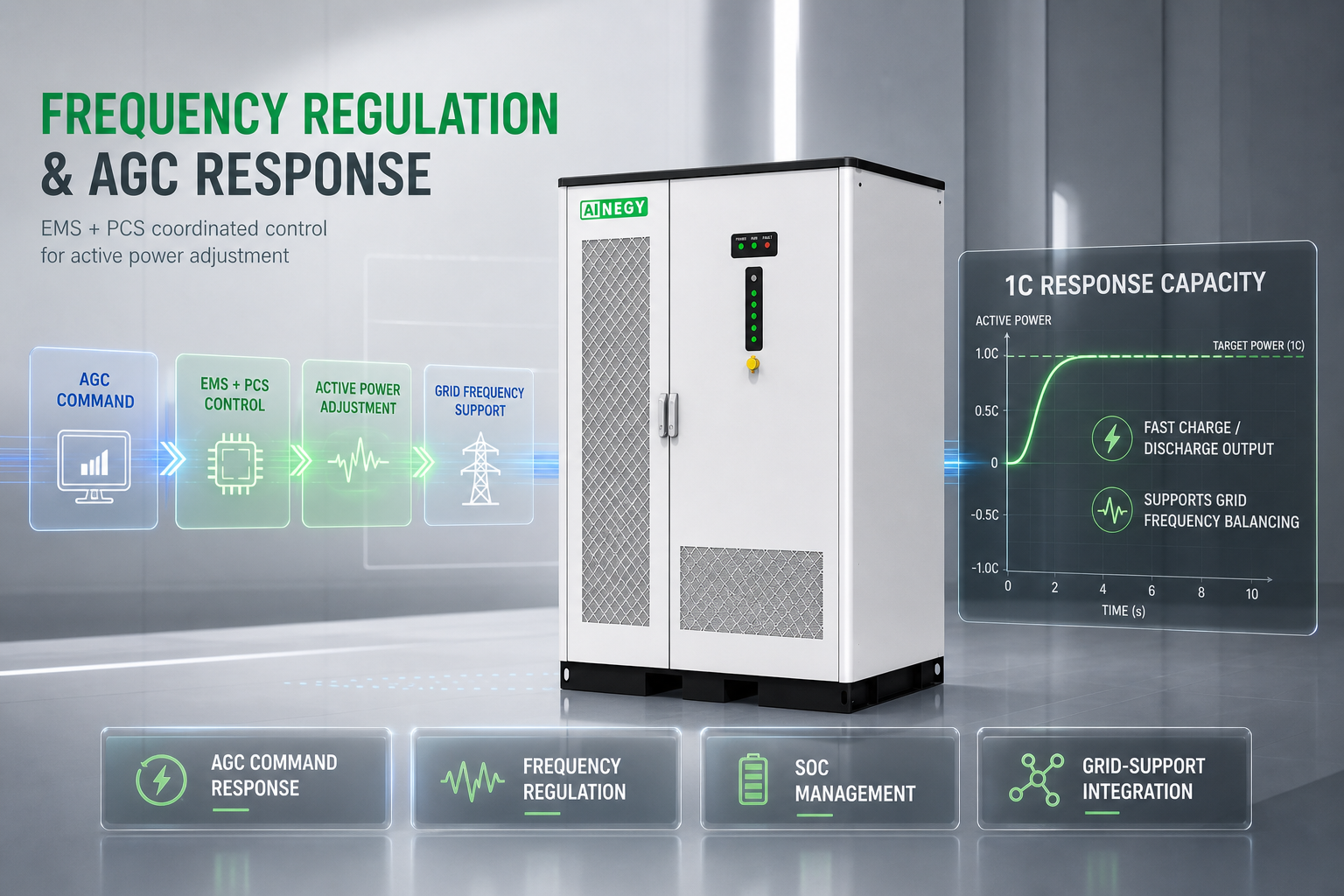AINEGY BESS frequency regulation and AGC response system for grid-support applications