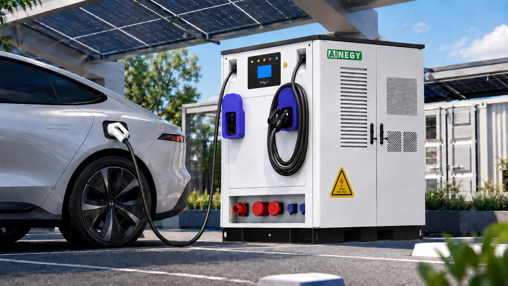 AINEGY DC-Coupled PV Storage Charging System with 1C and 0.5C EV charger BESS cabinets