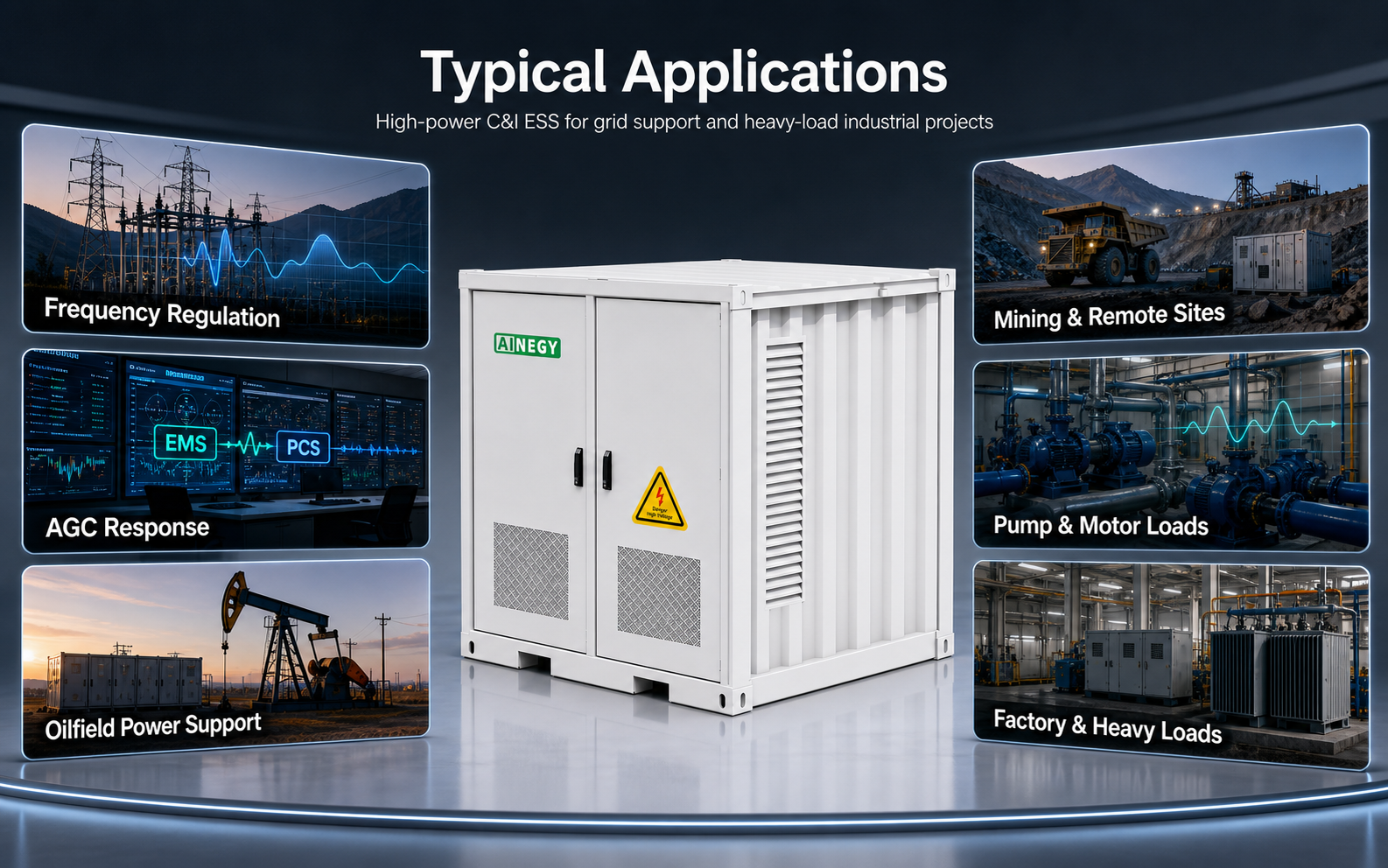 AINEGY high-power BESS applications for heavy loads frequency regulation AGC oilfields mining pump stations and industrial sites