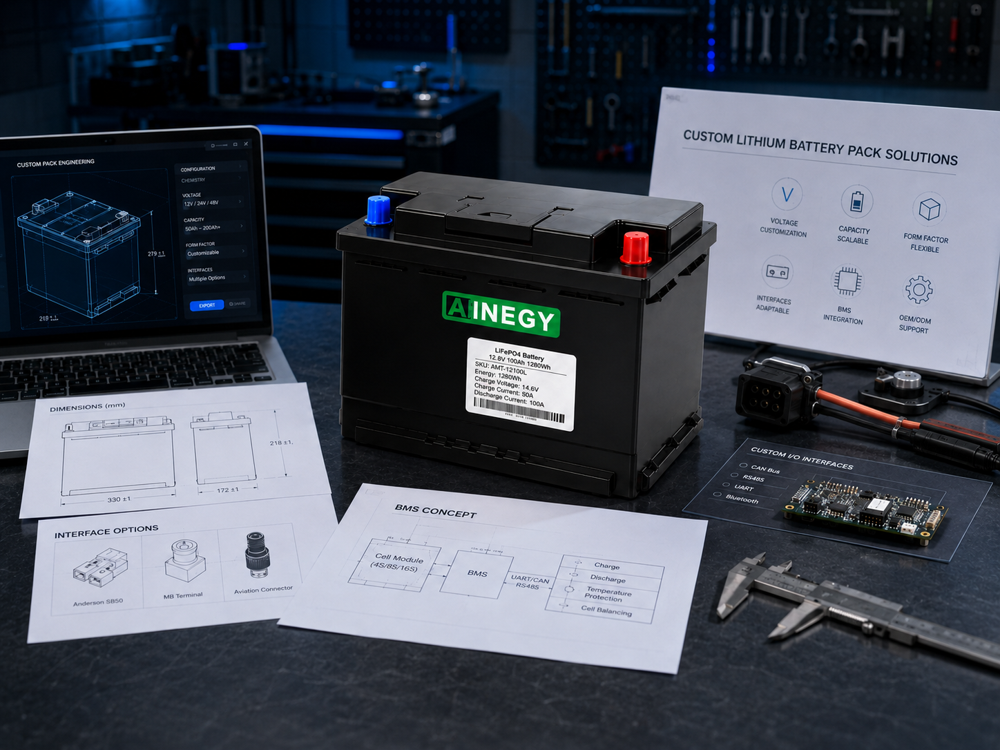 AINEGY industrial lithium battery pack customization for voltage, capacity, BMS, communication, connectors and housing