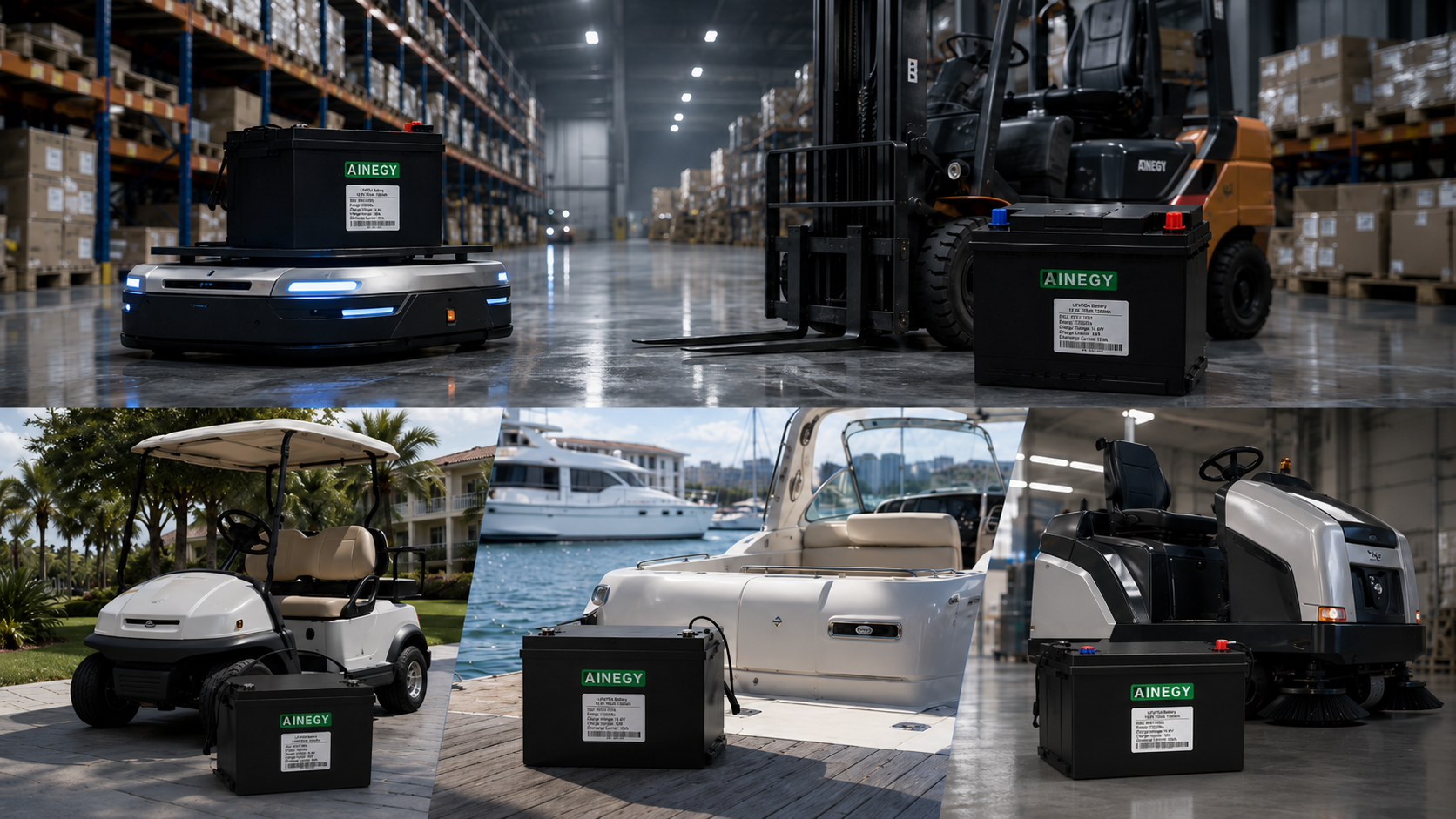 AINEGY custom lithium battery applications for AGV, AMR, low-speed EV, industrial vehicles, marine and auxiliary power