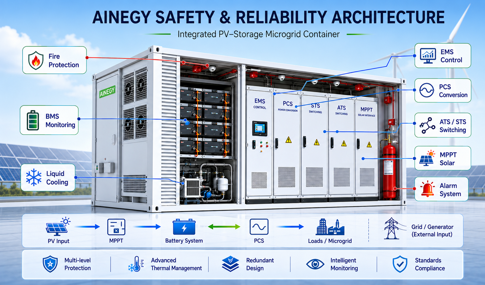 AINEGY Containerized BESS fire protection liquid cooling BMS monitoring and PV diesel grid battery microgrid safety architecture