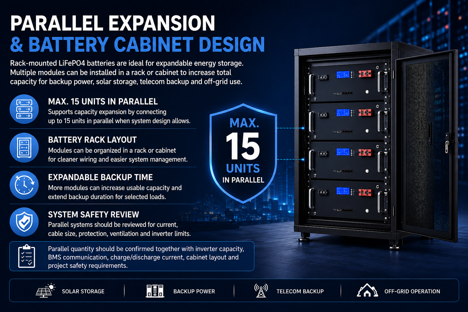 Rack mount LiFePO4 battery parallel expansion with battery cabinet and up to 15 units in parallel