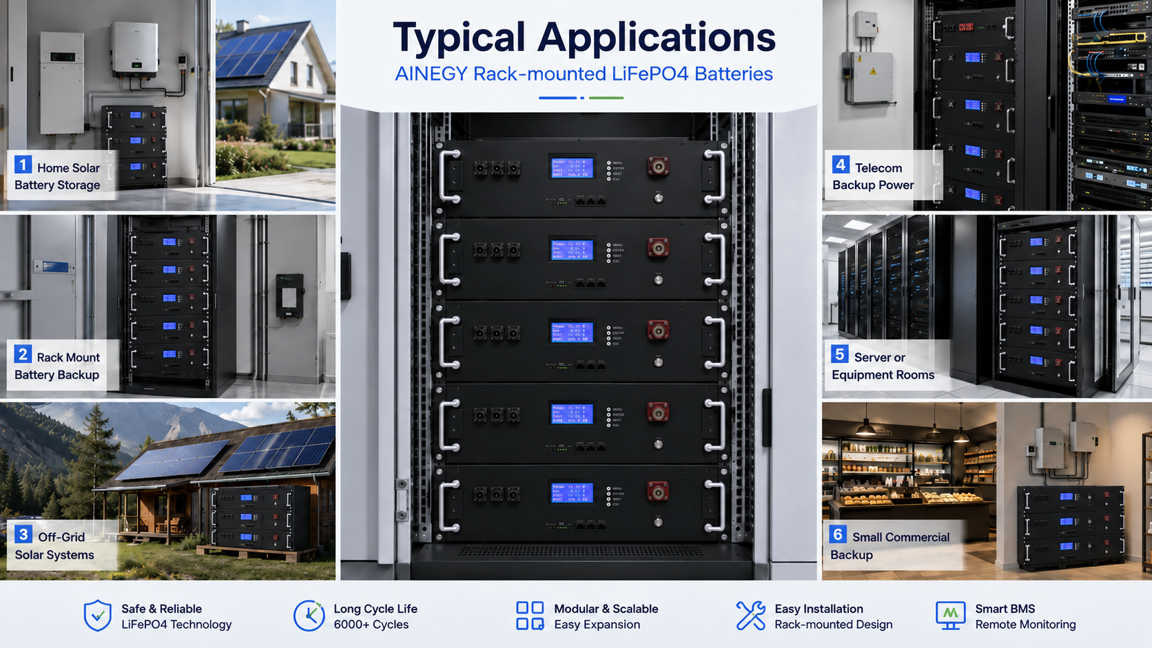Rack-mounted LiFePO4 battery applications for home solar storage, off-grid systems, telecom backup and equipment rooms