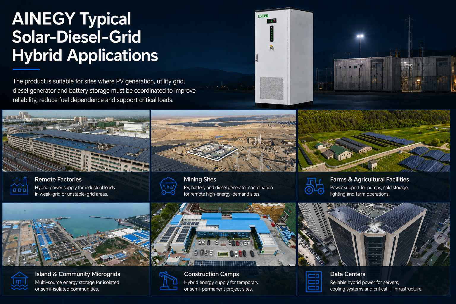 Solar diesel grid hybrid BESS cabinet industrial microgrid applications