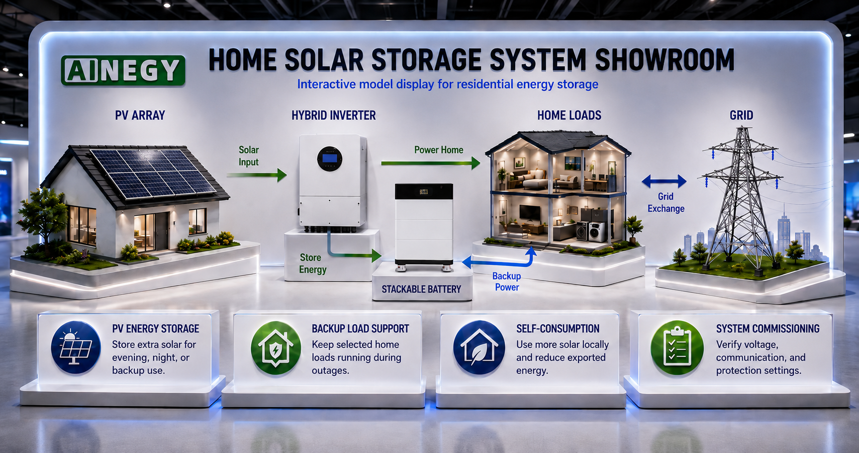 AINEGY Stackable Home Battery System inverter communication with PV solar panels, home loads, RS485 and CAN