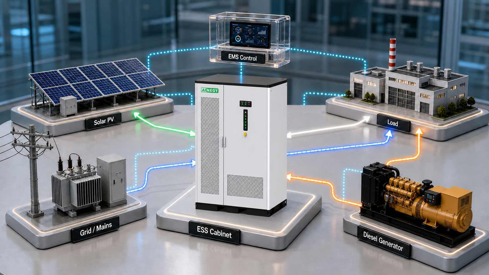 US Standard and Solis ESS cabinet PV battery grid diesel hybrid power system logic