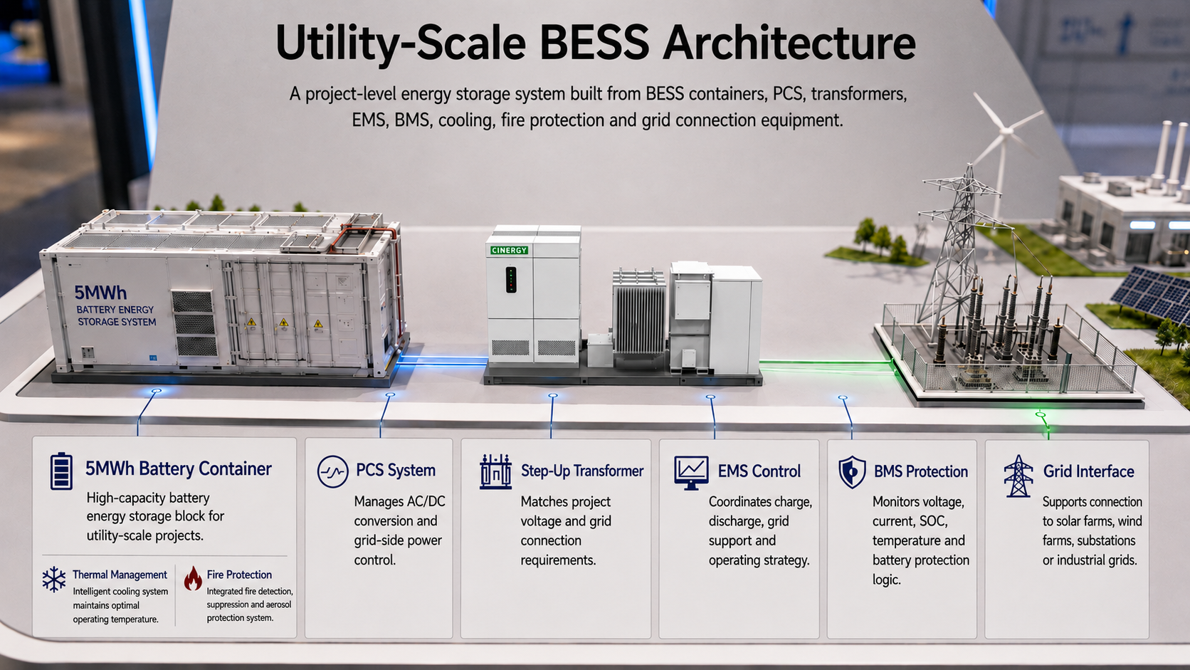 Utility-scale BESS system architecture with battery containers PCS EMS transformer and grid connection