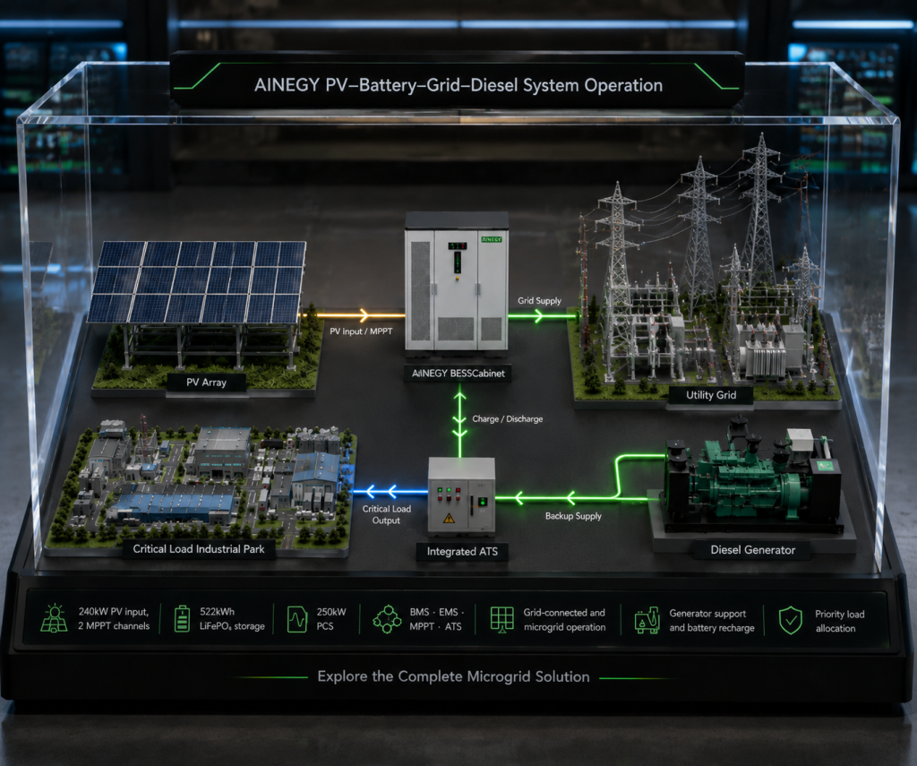 AINEGY 250kW 522kWh Extended-Capacity Solar Diesel Hybrid Microgrid BESS Cabinet system operation with PV battery grid diesel generator integrated ATS expert EMS and critical loads