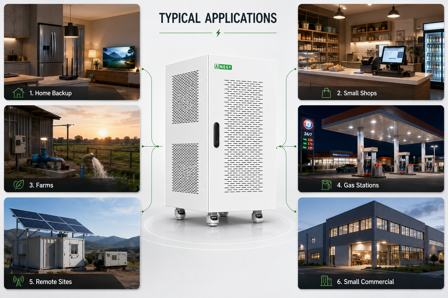 LV BESS Cabinet applications for home backup, small shops, farms, gas stations, remote sites and small commercial solar storage systems