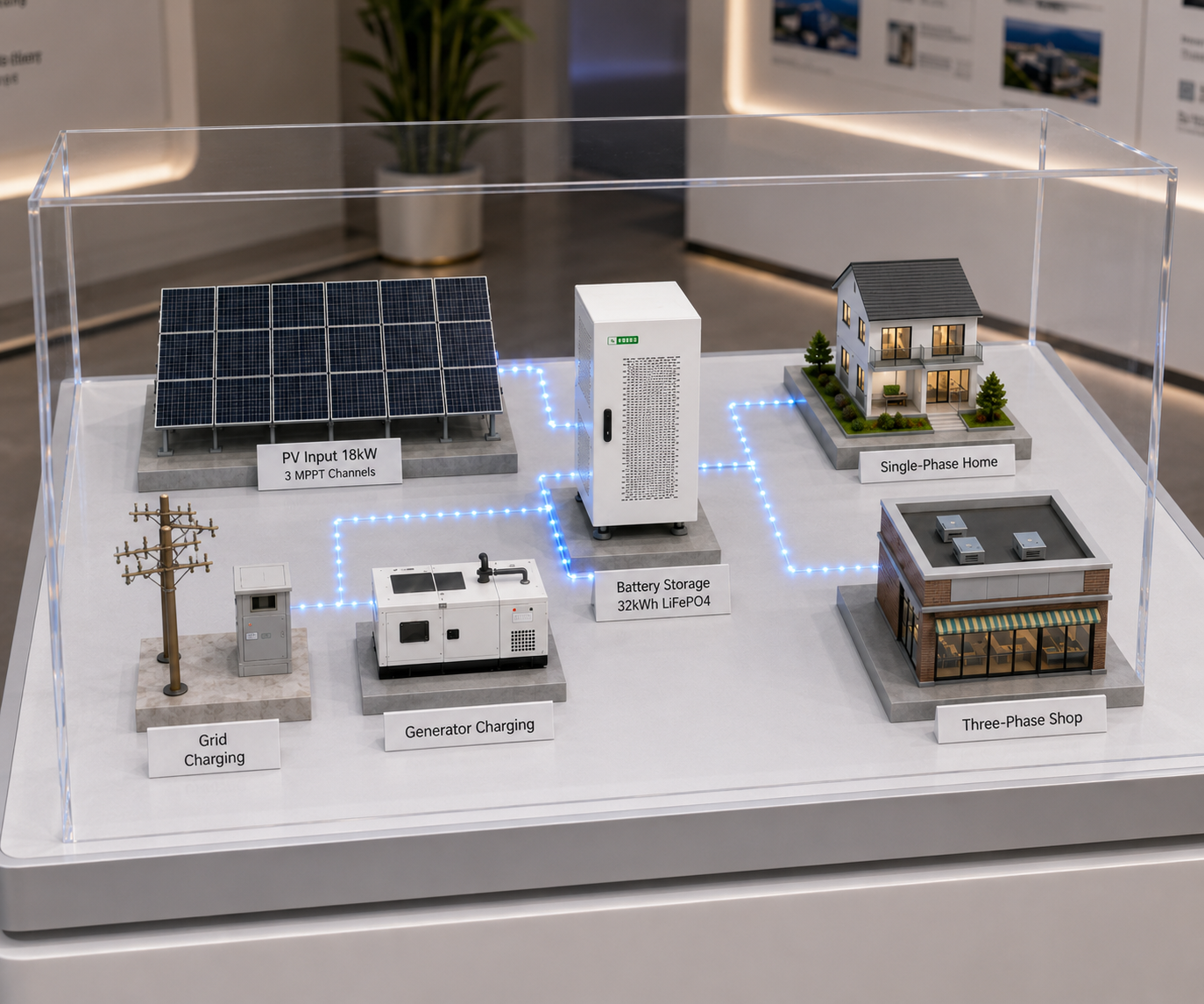 LV BESS Cabinet / Single-phase and Three-phase system diagram with PV input, grid charging, generator charging, battery storage and load output