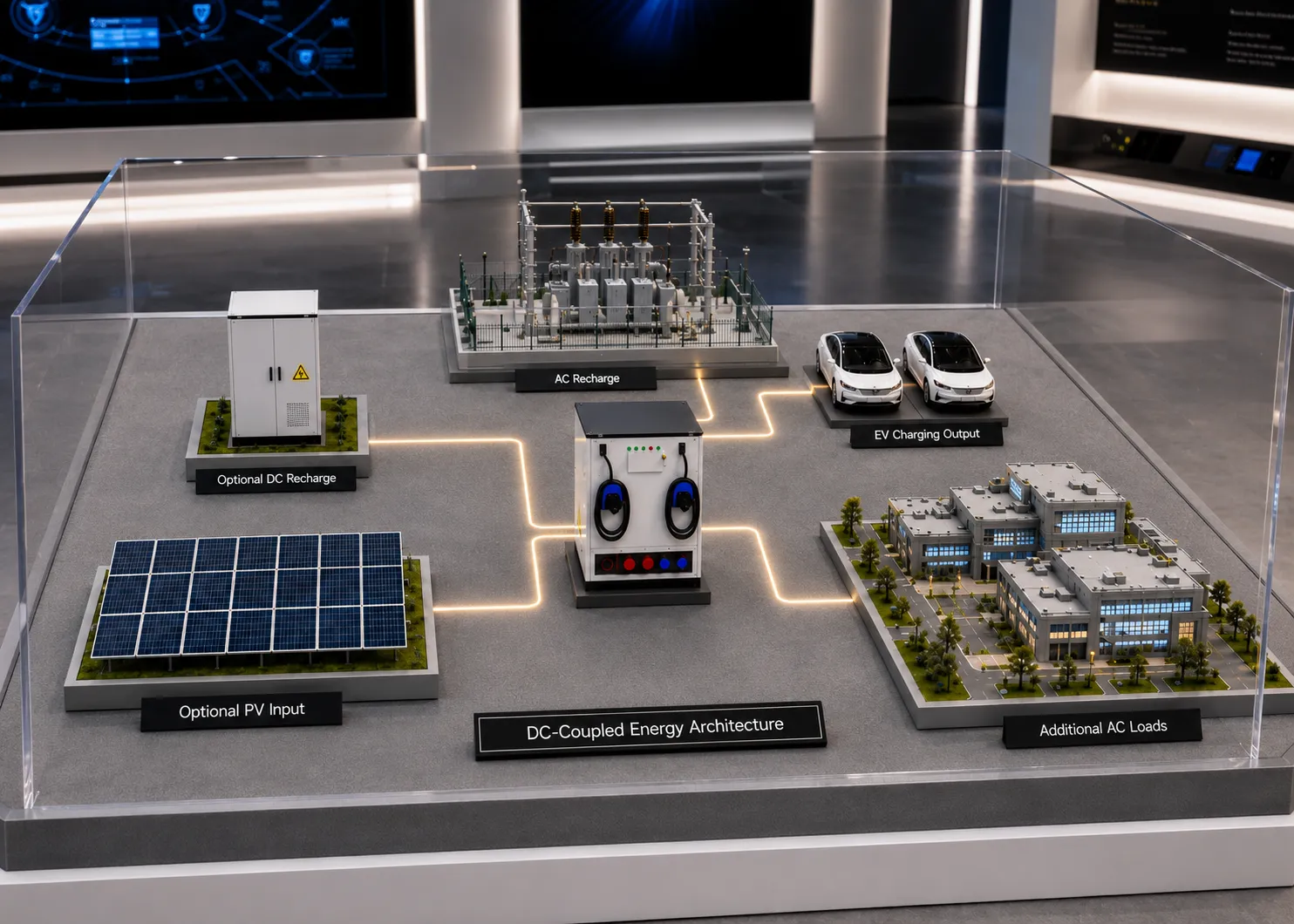 AINEGY 0.5C DC-Coupled PV Storage Charging Cabinet system operation diagram with AC recharge optional DC recharge optional PV input EV charging and AC loads