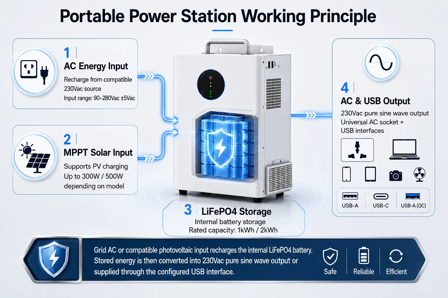 AINEGY 1–2kWh LiFePO4 portable power station energy flow diagram with AC charging solar MPPT input battery storage AC output and USB output