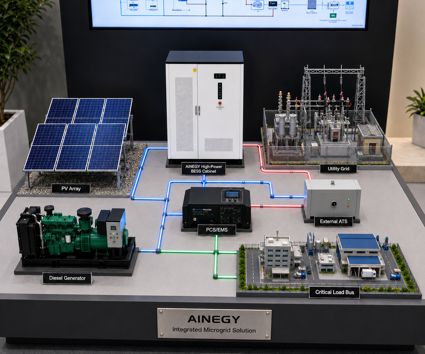 AINEGY 250kW 261kWh High-Power Solar Diesel Hybrid Microgrid BESS Cabinet architecture with PV MPPT, LiFePO4 battery, BMS, PCS, EMS, grid, diesel generator, external ATS and critical loads