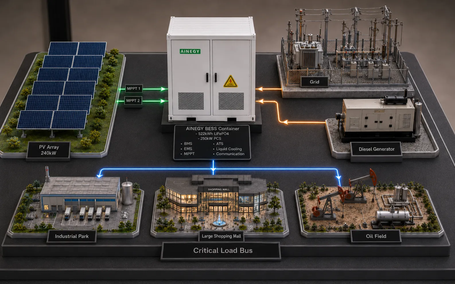 AINEGY 250kW 522kWh Solar-Diesel Hybrid Microgrid BESS Container system operation with PV battery grid diesel generator integrated ATS expert EMS and critical loads