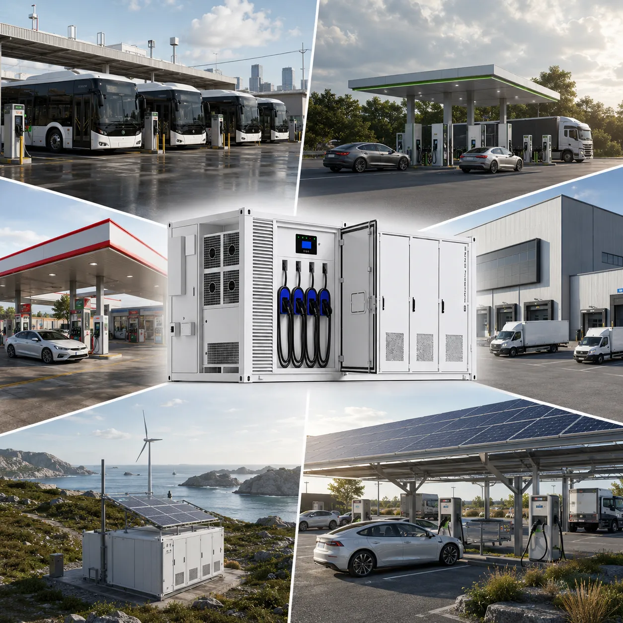 AINEGY 480kW four-gun EV Fast Charging BESS Container application cases for fleet bus highway industrial remote and PV charging projects