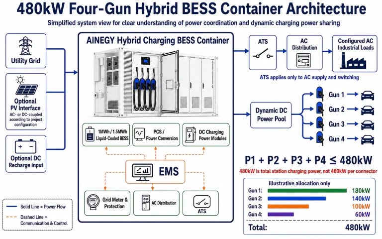 480 kW four-gun hybrid BESS container architecture with grid solar battery EMS ATS EV charging and AC industrial loads