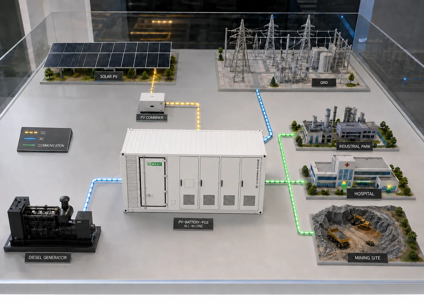 AINEGY 500kW to 1MW Solar-Diesel BESS Container Series PV battery grid diesel hybrid microgrid system operation diagram