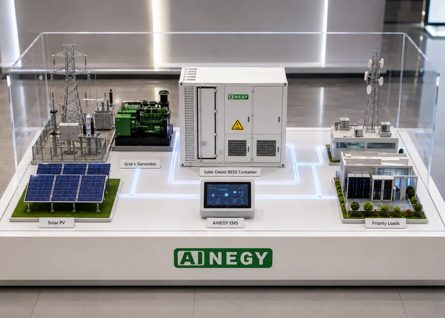 AINEGY 500kW 1MWh BESS Container PV battery grid diesel hybrid microgrid system operation diagram