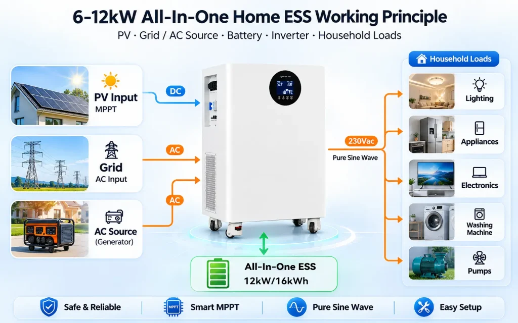 AINEGY 6–12kW floor-standing all-in-one home energy storage system working principle diagram with PV grid compatible AC source LiFePO4 battery inverter and selected household loads