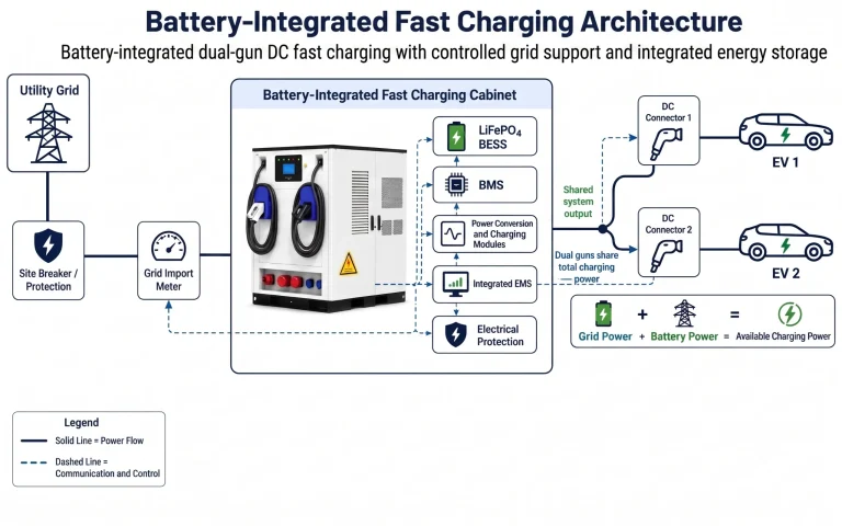 Battery-integrated fast charging architecture with grid input LiFePO4 BESS integrated EMS and two DC charging guns