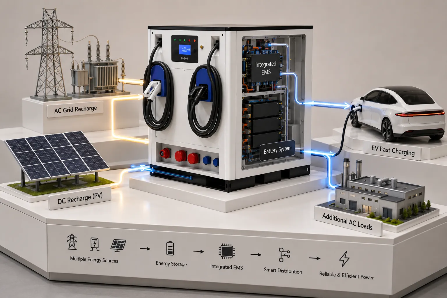 AINEGY battery-integrated fast charging system EMS energy flow diagram with AC recharge DC recharge optional PV EV charging and AC loads