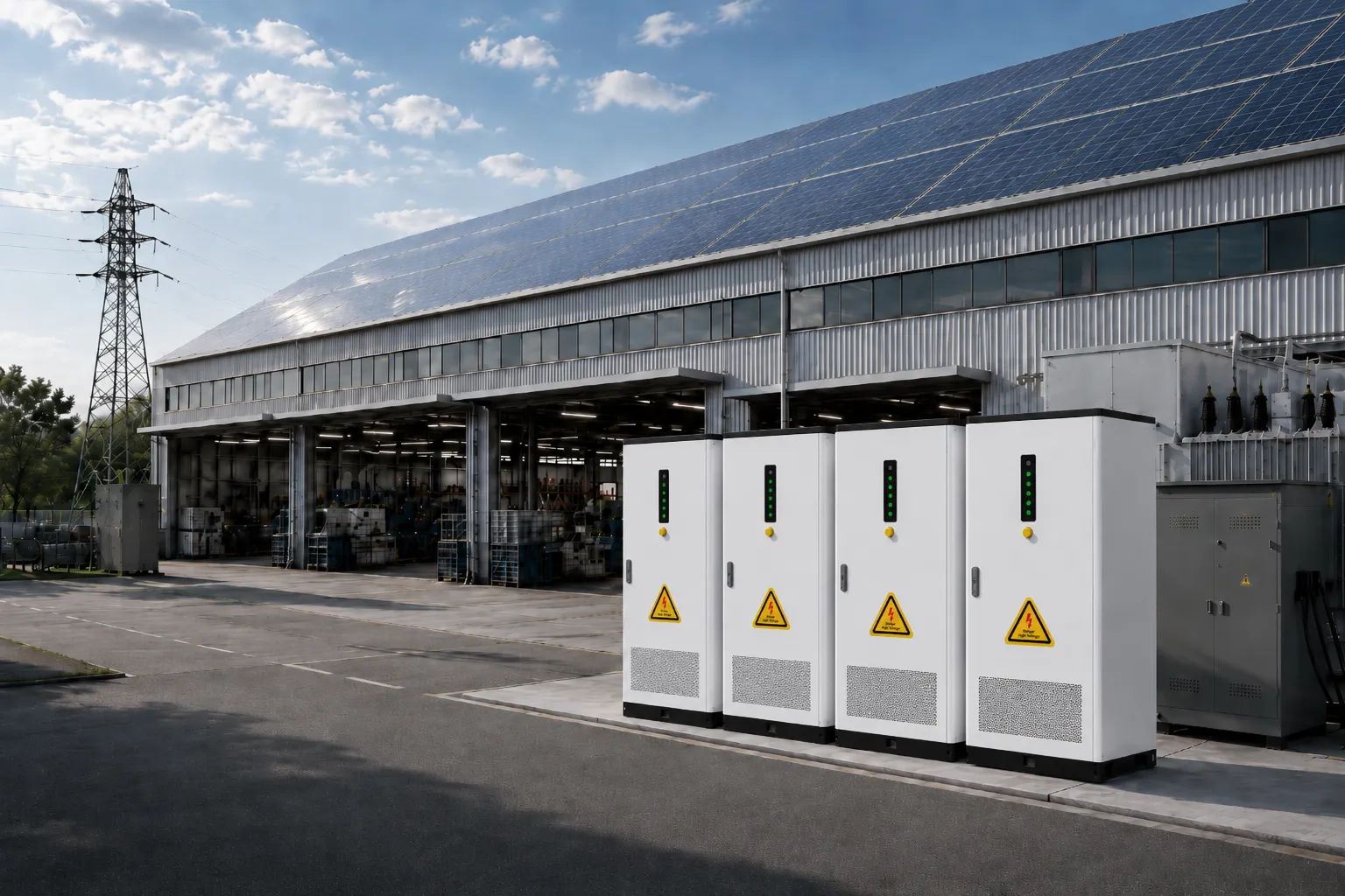 AINEGY commercial and industrial energy storage solution with factory solar, grid, BESS and facility loads