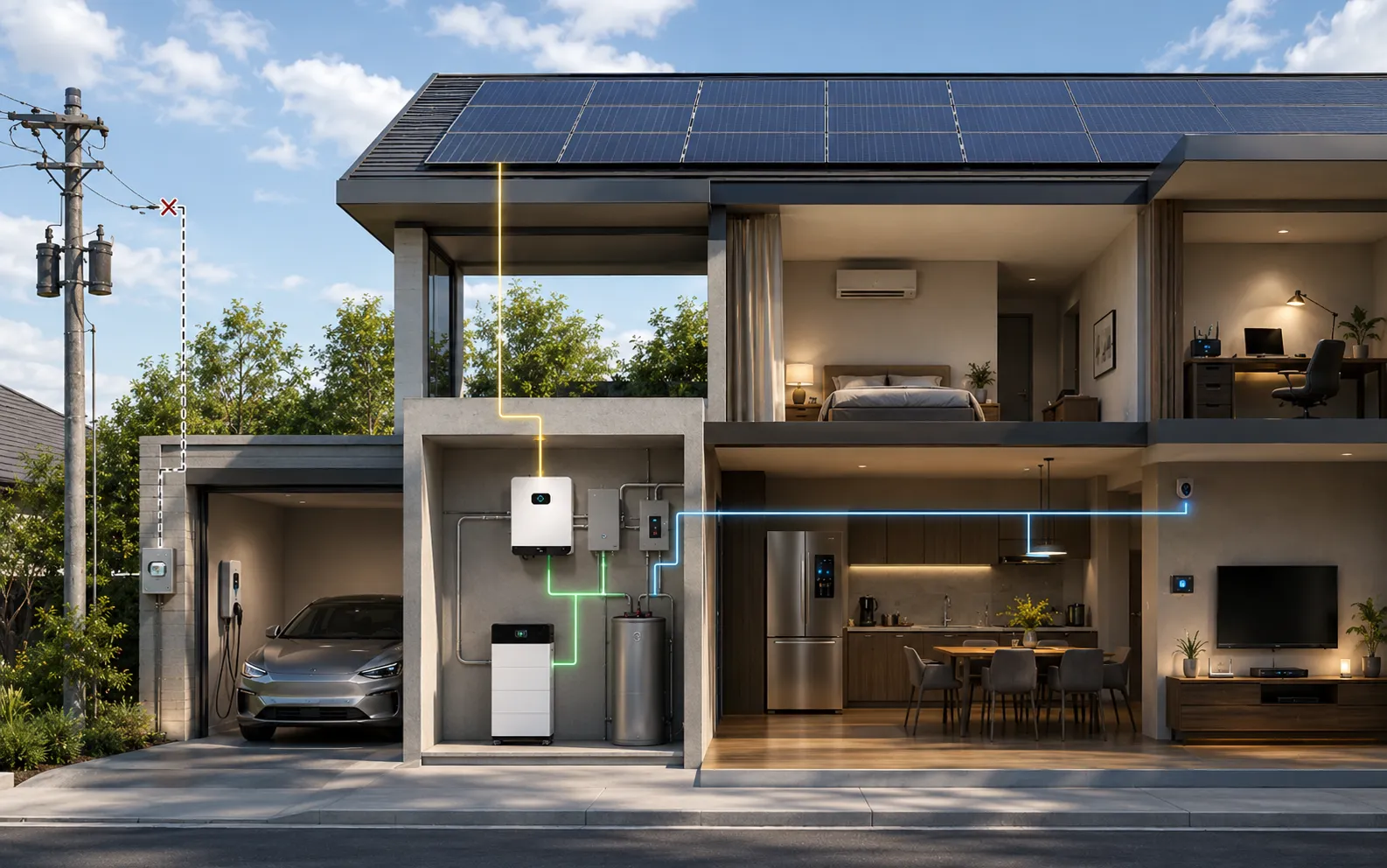 AINEGY residential solar and backup energy system with rooftop PV home battery hybrid inverter and prioritized household loads