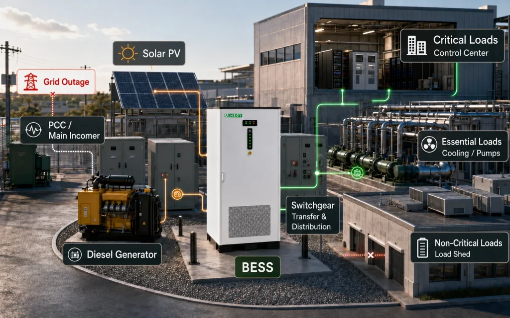 AINEGY critical load backup and energy resilience system with BESS solar generator UPS and prioritized industrial loads