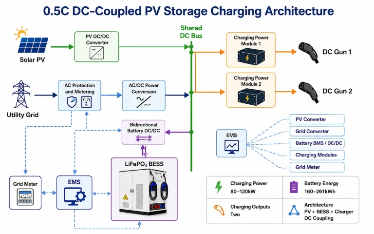 DC-coupled PV storage charging architecture with solar grid BESS shared DC bus and two EV charging guns