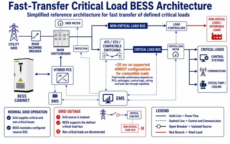 Fast-transfer critical load BESS architecture with utility hybrid PCS switching and defined critical load bus
