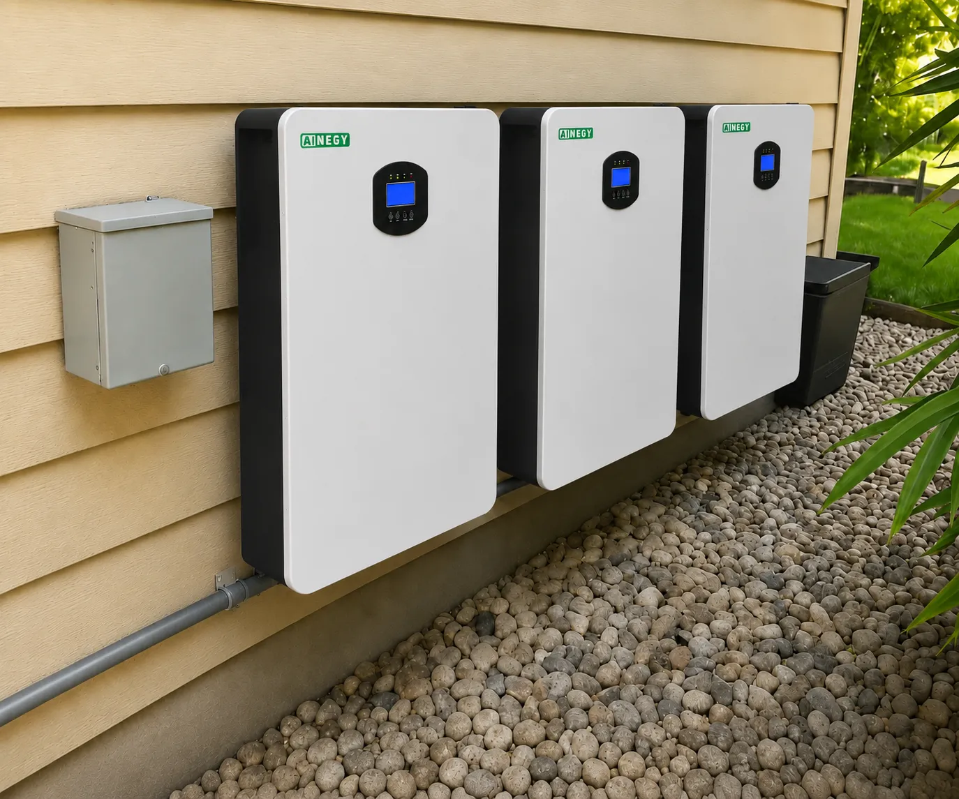 Three AINEGY 5.12 kWh 3 kW wall-mounted all-in-one residential ESS units installed in Italy