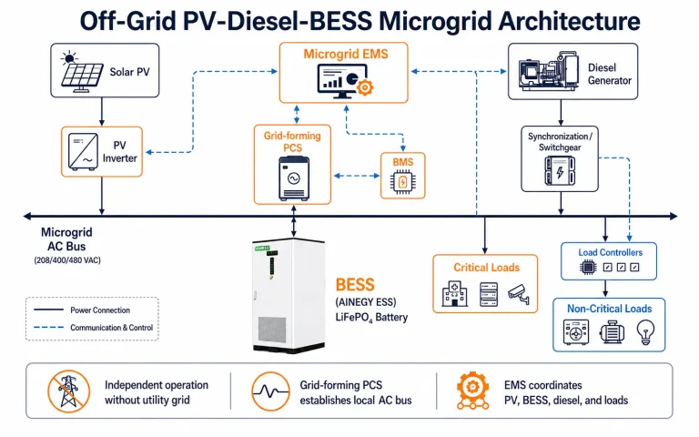 Off-grid solar diesel battery microgrid architecture with grid-forming BESS EMS and prioritized loads