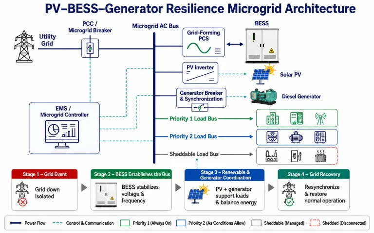 PV BESS diesel generator resilience microgrid architecture with grid-forming control and prioritized loads