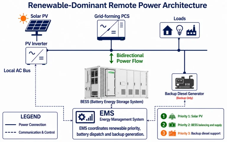 Renewable-dominant remote power architecture with solar grid-forming battery storage and backup diesel generator
