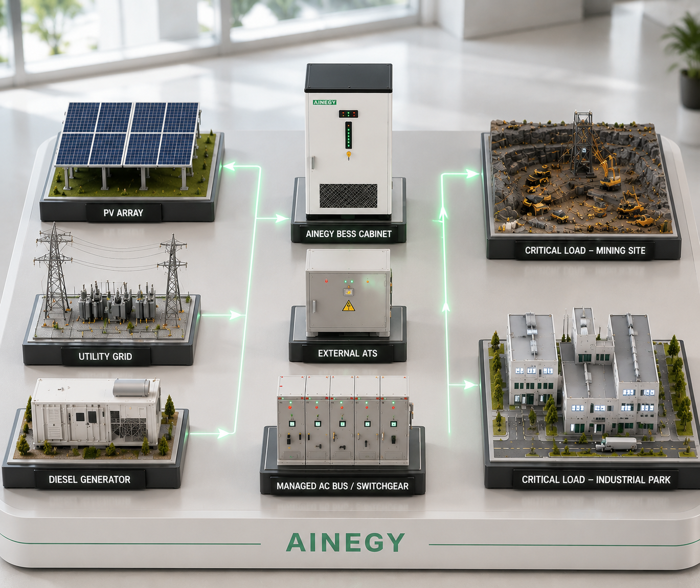 AINEGY Solar Diesel Hybrid Microgrid BESS Cabinet architecture with PV, battery, grid, diesel generator, external ATS and critical loads