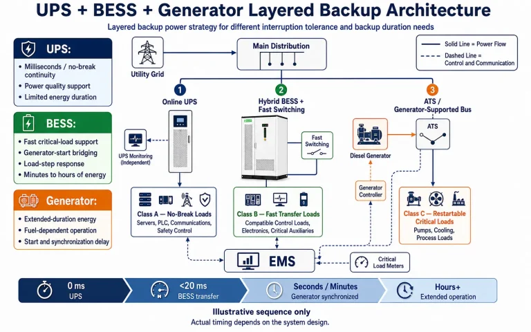 Layered UPS BESS and generator backup architecture for no-break fast-transfer and extended-duration loads