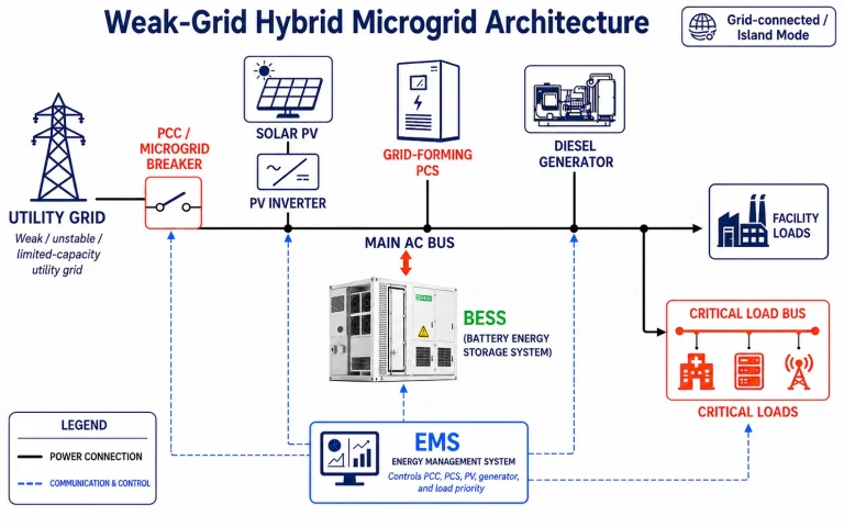 Weak-grid hybrid microgrid architecture with utility PCC solar diesel BESS and critical loads