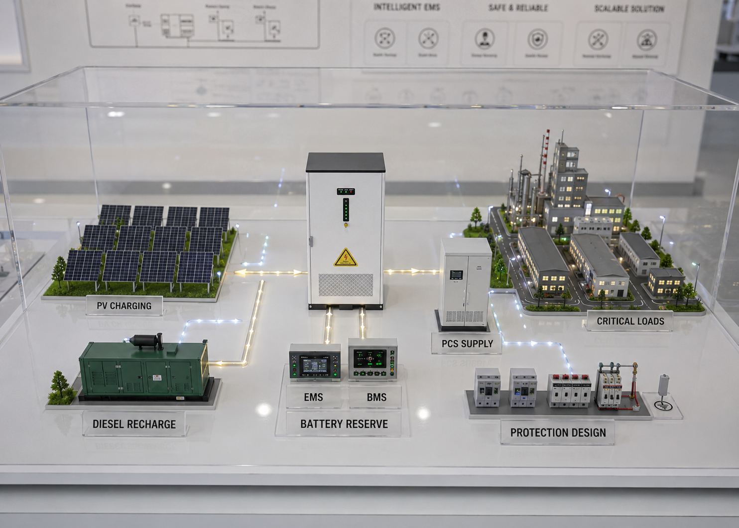 Off-grid Solar BESS Cabinet / Air Cooling system diagram with PV MPPT input battery BMS PCS EMS diesel generator interface off-grid AC bus and critical loads
