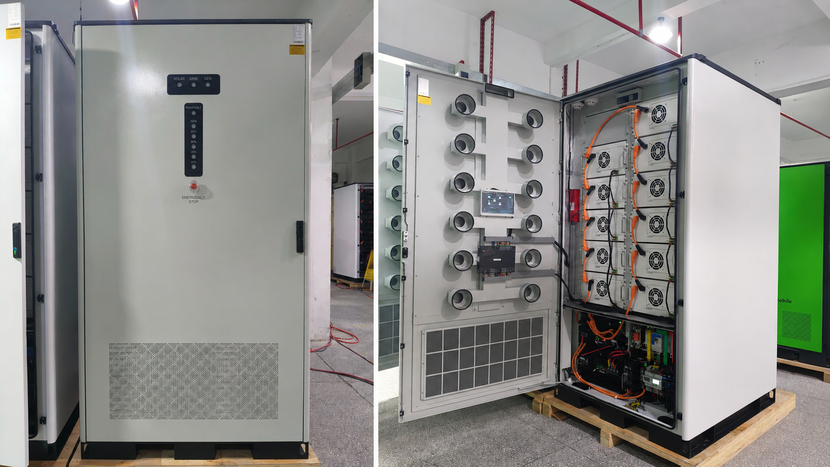 AINEGY Off-grid Solar BESS Cabinet / Air Cooling real product photo with LiFePO4 battery BMS PCS EMS and PV input