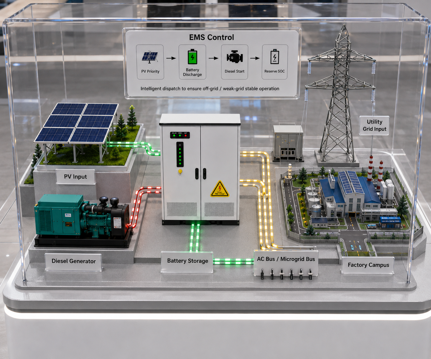 AINEGY Off-grid Solar BESS Cabinet / Liquid Cooling system diagram with PV input battery PCS BMS EMS diesel generator interface AC bus critical loads and optional weak-grid input