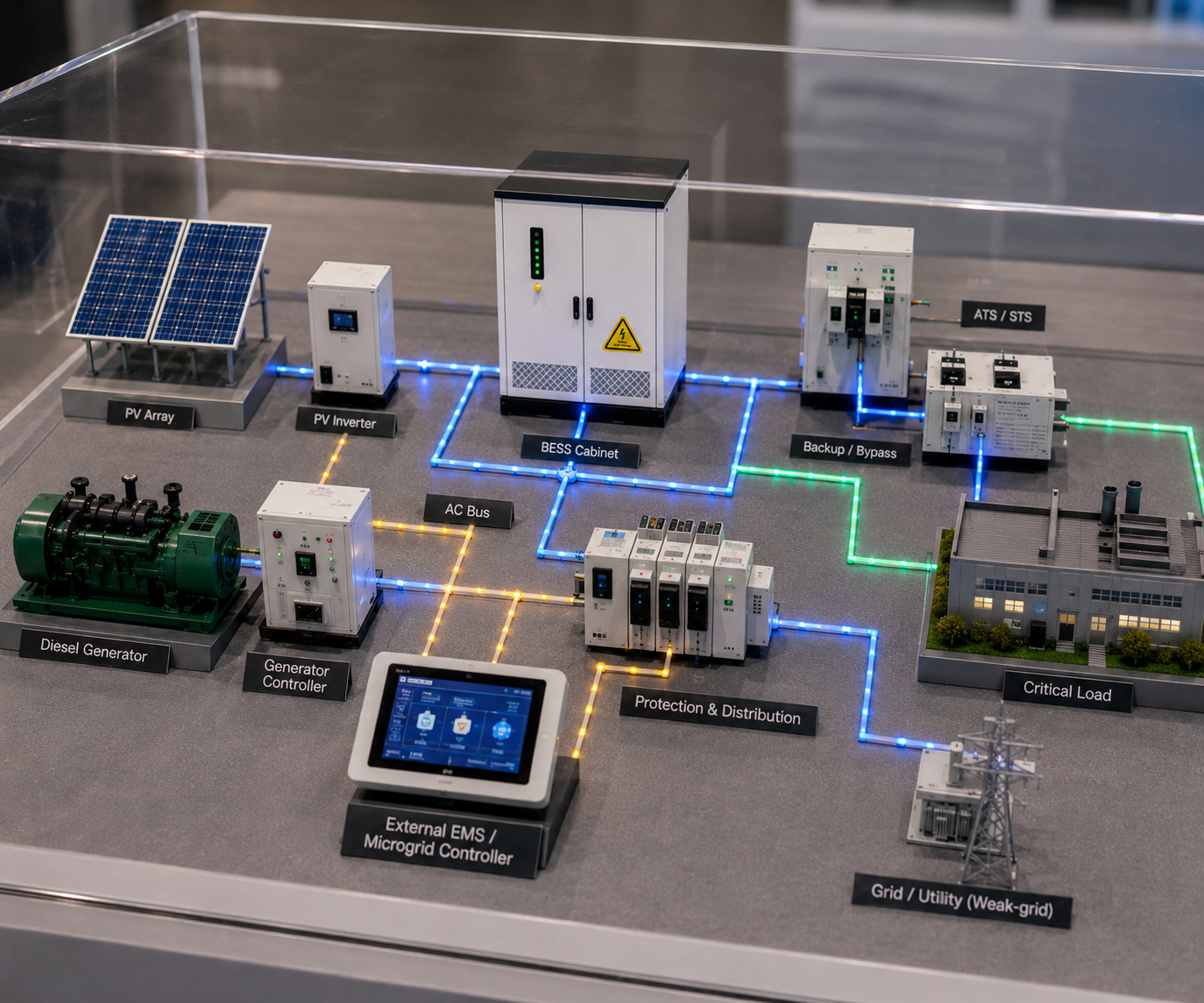 AINEGY PCS-integrated Off-grid BESS Cabinet / Liquid Cooling system diagram with battery BMS PCS external EMS PV inverter diesel generator ATS AC bus and critical loads
