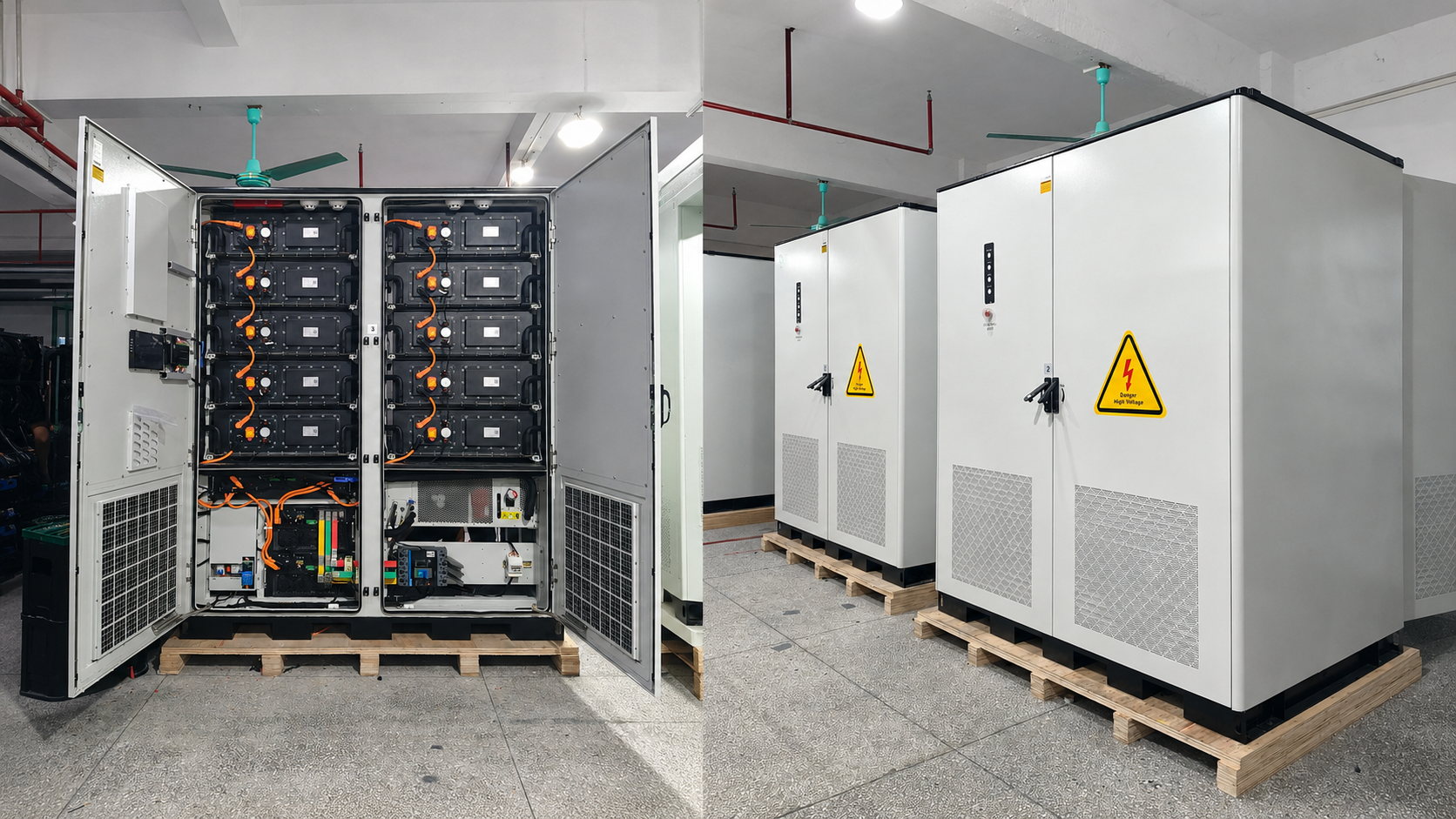 AINEGY liquid-cooled BESS cabinet with built-in PCS production photo for off-grid weak-grid and microgrid energy storage projects